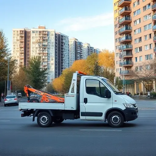 A realistic scene of a compact tow truck parked on a quiet street in Moscow's North-West Administrative Okrug, with a modern cityscape background showing typical Russian apartment buildings and trees, under a clear sky. The focus is on the tow truck and the surrounding urban environment, conveying an affordable and reliable service without any text or signage.