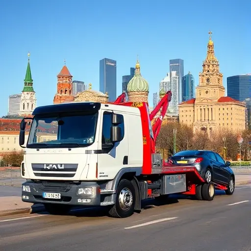 A modern tow truck parked in front of a New Moscow cityscape, towing a car, bright daylight, realistic style, no text or signage visible