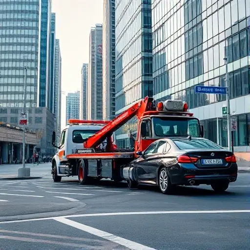 A tow truck pulling a car at the corner of Prospect Mira in Moscow, near building 102k1. The scene shows a modern city street with skyscrapers and a clear sky. The tow truck is in motion, its winch cable attached to a sedan. The background includes subtle street signs and a faint outline of the building number 102k1, but no visible text or lettering. The focus is on the dynamic action of the evacuation, with realistic lighting and depth of field.