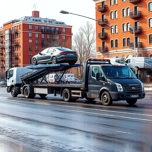A realistic scene on a Moscow street showing several types of tow trucks in action: a flatbed tow truck lifting a sedan, a wheel‑lift tow truck pulling a small van, and a heavy‑duty recovery vehicle handling a broken truck. The background features recognizable Moscow architecture such as a red brick building with balconies and a street sign, but no visible text. The sky is clear, and the road surface shows subtle wet reflections, emphasizing a professional, fast road‑assistance service.