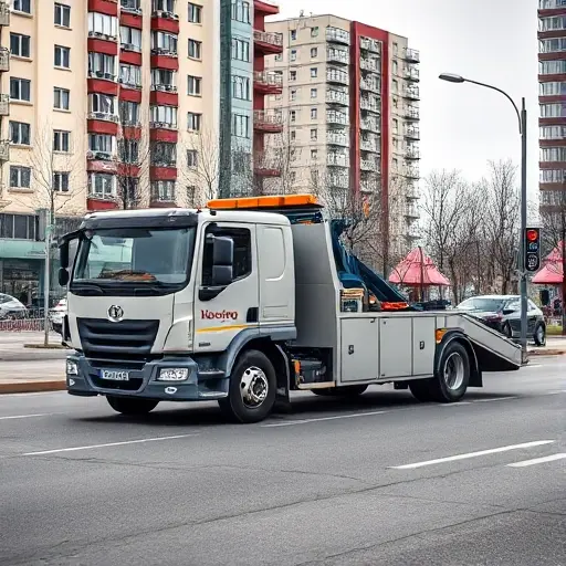 A modern tow truck parked on a Moscow city street in the Timiryazevsky district, with a clear view of the surrounding urban environment. The truck should be in a neutral color, with subtle branding that suggests affordability, such as a small, tasteful logo. The scene should include typical city elements like streetlights, a few pedestrians, and a background of apartment buildings. The overall composition should convey a sense of reliability and cost-effectiveness without any textual signage or numbers.