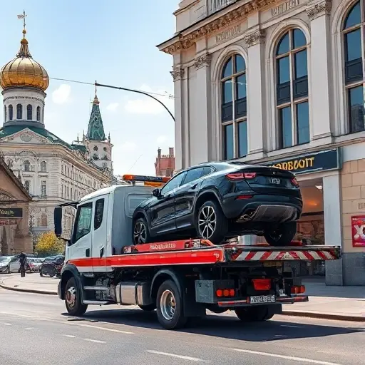 A realistic scene of a tow truck in Moscow, with the vehicle positioned on a city street near recognizable Moscow architecture such as a historic building or a metro entrance, the tow truck is actively loading a car onto its platform, the atmosphere is bright daytime, showing the city’s characteristic skyline and street details, no text or signage visible