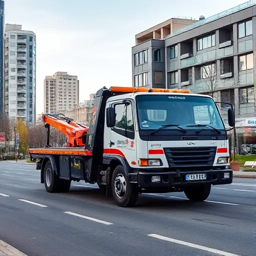 A tow truck parked on a street in Yoshkar-Ola, with modern cityscape background, clear sky, no text or signage visible