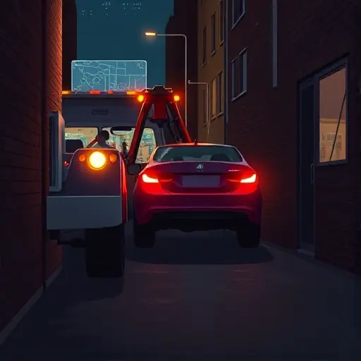 A realistic illustration of a tow truck pulling a car out of a narrow, dimly lit alleyway. The scene shows the tow truck’s front lights illuminating the vehicle, with a clear view of the car’s rear being attached to the tow hook. In the background, a faint outline of a dispatcher’s control room can be seen through a window, with a large screen displaying a map and traffic data. The alley is lined with brick walls and scattered streetlights, creating a moody atmosphere. The composition emphasizes the mechanical details of the tow truck and the car, with a subtle focus on the action of towing.