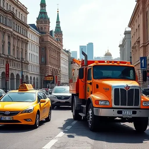 car taxi эвакуаторы москва A bustling Moscow street scene featuring a yellow taxi and a bright orange tow truck side by side, with classic Russian architecture and cityscape in the background, under a clear sky, realistic lighting and detailed vehicles, no text or signage visible