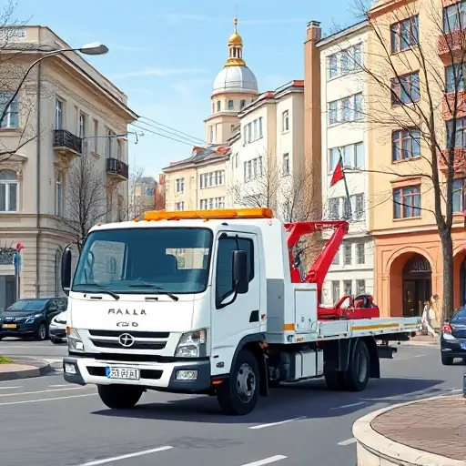 Эвакуатор Измайлово Москва: Недорого и Надежно – Полный План Статьи A reliable, affordable tow truck operating in the Izmaylovo district of Moscow, set against a city street scene with recognizable Russian architecture and subtle hints of the neighborhood, showing the vehicle in action helping a parked car, under a clear sky, in a compact high-quality illustration style