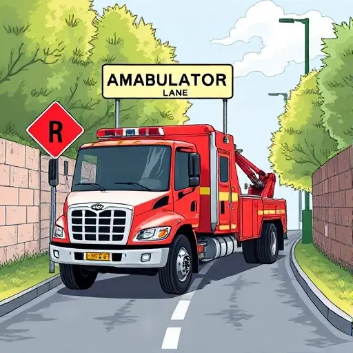 A realistic illustration of a tow truck parked on a narrow lane named Ambulatory Lane, with a clear view of the evacuation distance, showing a road sign indicating distance but without any text, letters, or digits, in a smallHQ style