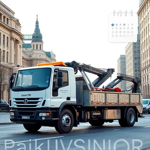 A large tow truck (evakuator) parked on a Moscow street with recognizable city architecture, empty driver cabin, a subtle calendar icon indicating a full day, bright daylight, realistic smallHQ style