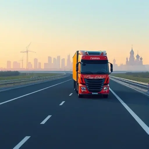 A realistic illustration of a modern tow truck traveling on a long highway that connects the silhouettes of Saint Petersburg and Moscow in the distance, with the city skylines faintly visible on each horizon, clear sky, smooth road, and subtle branding on the vehicle without any text