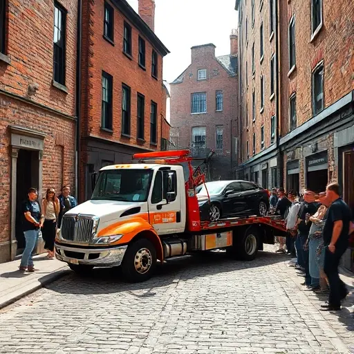 A realistic tow truck parked in a narrow cobblestone alley with old brick buildings on either side, a small crowd of onlookers, and a car being towed, all in a sunny, slightly hazy atmosphere