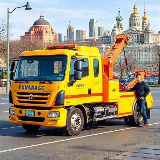 A bright, friendly tow truck parked on a Moscow street, with a happy customer standing beside it, the Moscow skyline in the background, no text or signage