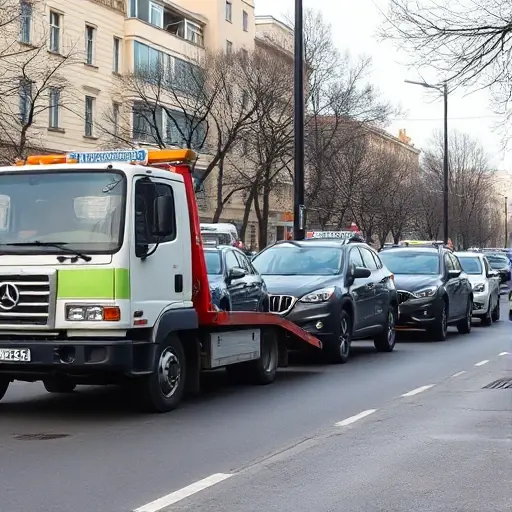 A tow truck on Bolshaya Oleney street with a line of illegally parked cars being towed, city street background, no text or signage, no people, no other vehicles