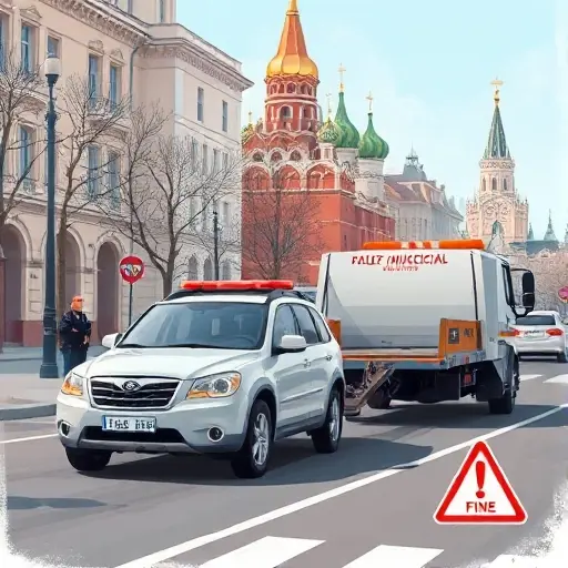 A realistic illustration of a Moscow street scene showing a vehicle being towed by a municipal tow truck, with a police officer directing traffic, and a subtle visual cue of a fine such as a red warning triangle or caution symbol, conveying the concept of improper evacuation and associated penalties.