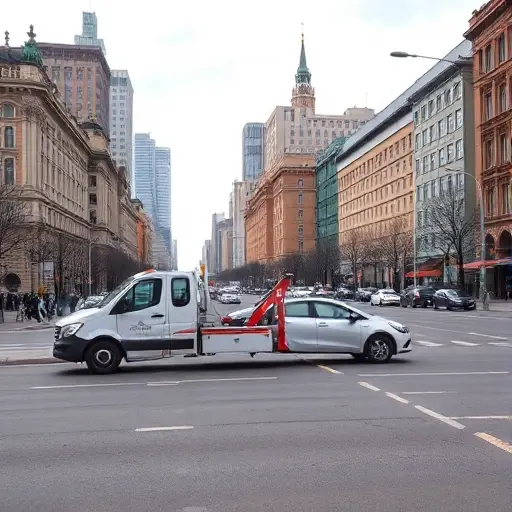 A realistic daytime scene on a Moscow street showing a tow truck pulling a small sedan, with typical Moscow architecture such as historic buildings and modern high-rises in the background, a traffic lane, street lamps, and a few parked cars, all without any visible text, signs, or logos.