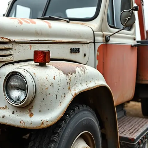A used tow truck with visible signs of age and high mileage, such as worn paint, dents, and a gauge indicating a high reading, depicted in a realistic style