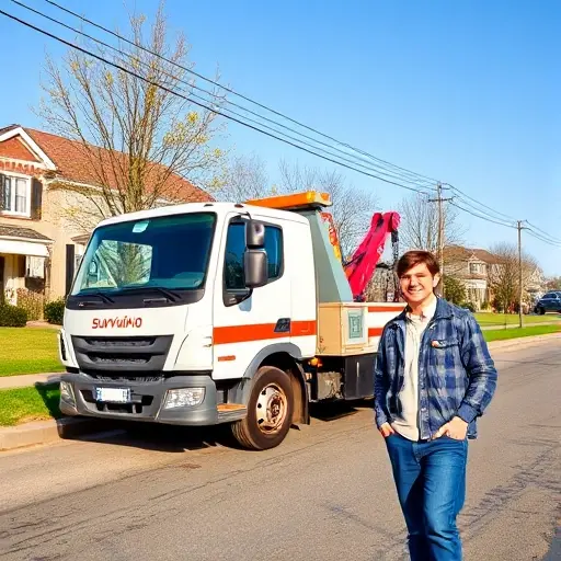 A modern tow truck parked on a quiet suburban street in Surovikino, with a smiling customer standing beside it, holding a small key, and a clear blue sky overhead. The scene should convey a friendly, reliable service atmosphere, with no text or signage visible.