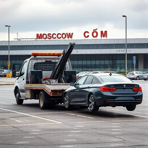 A tow truck at Moscow airport pulling a broken-down car from the parking lot, with airport signage in the background, no text or letters, no people, no other vehicles, no digital overlays