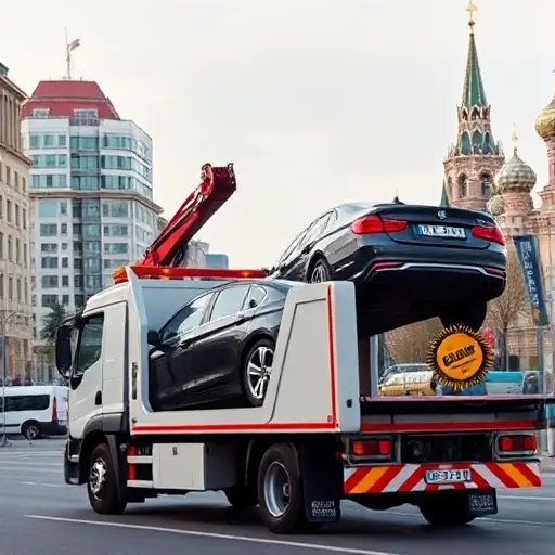 A modern tow truck (evakuator) in a Moscow cityscape, lifting a car onto a flatbed, with a subtle guarantee badge on the truck, no text or lettering visible, all in a realistic style
