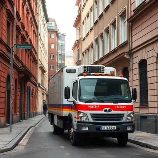 A realistic tow truck (evacuator) parked on a narrow urban street named "3rd Neopalimovsky Lane", with surrounding buildings typical of a Russian city, subtle street signs without readable text, and a sense of a guidebook illustration, focusing on the vehicle and the street environment