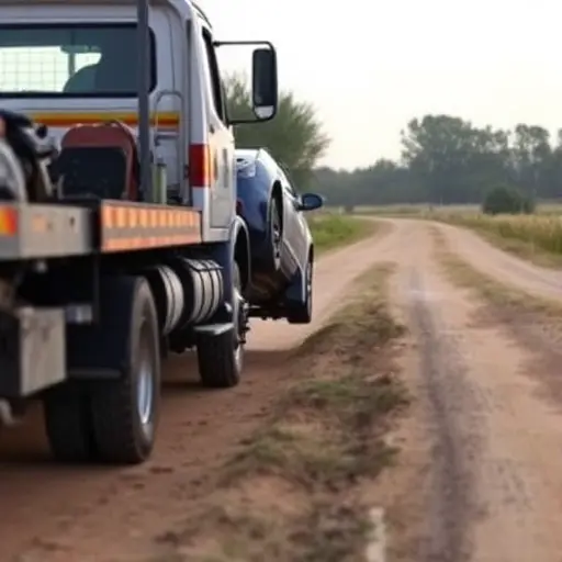 A tow truck pulling a car out of a ditch on a rural road, showing the vehicle being lifted, the tow truck's front cab and a simple background of a dirt road and trees, in a realistic style, no text or signage