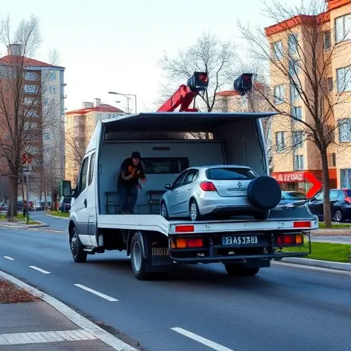 A realistic scene of a tow truck (evakuator) parked on a quiet street in a Moscow suburb called Metrorodok, with a driver opening the truck's rear hatch to load a small car. The background shows typical residential buildings and trees, under a clear sky. The focus is on the tow truck and the action of assisting the vehicle, conveying the idea of calling a tow service.