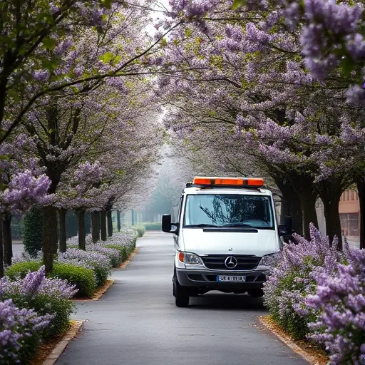 A tow truck (evakuator) positioned on a narrow, tree-lined alley covered with small Hungarian lilac bushes in full bloom, the alley stretching into the distance with gentle curves, soft natural lighting, and a calm, slightly misty atmosphere; the focus is on the harmonious integration of the vehicle with the lush lilac foliage, without any signage, people, or text elements.