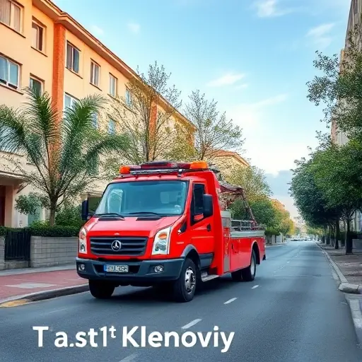 A realistic tow truck (evacuator) parked on a quiet urban street named 1st Klenoviy Lane, with surrounding residential buildings, trees, and a subtle hint of a guidebook concept such as a faint overlay of a map outline or directional arrows, but no visible text or lettering. The scene should convey a helpful, instructional atmosphere while focusing on the vehicle and the street environment.