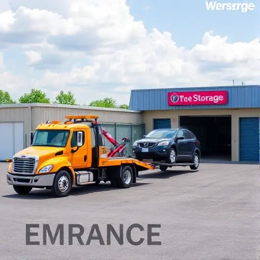 A tow truck pulling a car toward a storage facility, with the facility's entrance visible in the background, all depicted realistically.