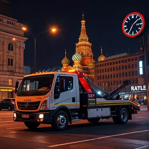 эвакуатор круглосуточно москва цена A modern tow truck parked on a Moscow street at night, illuminated by streetlights and city neon signs, with the iconic Moscow skyline and a subtle hint of a clock indicating 24/7 service, focusing on the vehicle and urban atmosphere without any text or logos.