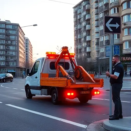 A realistic scene of a compact tow truck parked on a city street in the North-West district of Moscow, with a modern urban backdrop of apartment buildings and a clear sky. The truck is highlighted, showing its hook and lights, while a driver in a uniform stands nearby, holding a smartphone to indicate a call. The composition suggests a step-by-step process of calling a tow service, with subtle visual cues like a road sign pointing to a service center, but without any text or lettering in the image.