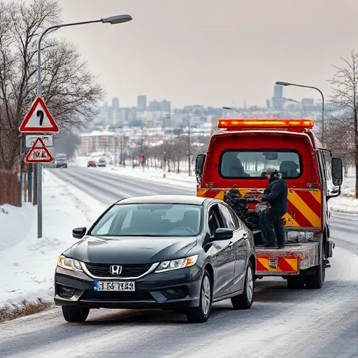 A realistic scene of a tow truck helping a broken-down car on a snowy suburban road near Moscow, with typical traffic signs, leafless trees, and a distant city skyline. The driver looks frustrated while the tow operator uses equipment to secure the vehicle, capturing a typical situation that requires calling a tow service in the Moscow region.