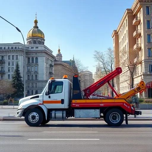 эвакуатор москва серпухов A realistic tow truck parked on a city street near a recognizable Moscow landmark, with subtle hints of the Serpukhov area in the background, such as typical residential buildings and trees, under a clear sky. The scene should focus on the vehicle and urban environment without any text, logos, or people.