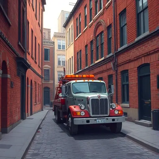 A realistic illustration of a tow truck parked on a narrow alleyway, with a car being towed, surrounded by old brick buildings and cobblestone street, subtle lighting, no text or signage visible