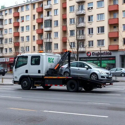 эвакуатор кировская A modern tow truck parked on a city street, with a car being towed, typical urban buildings of the Kirovskaya area, no text or signage with letters or digits