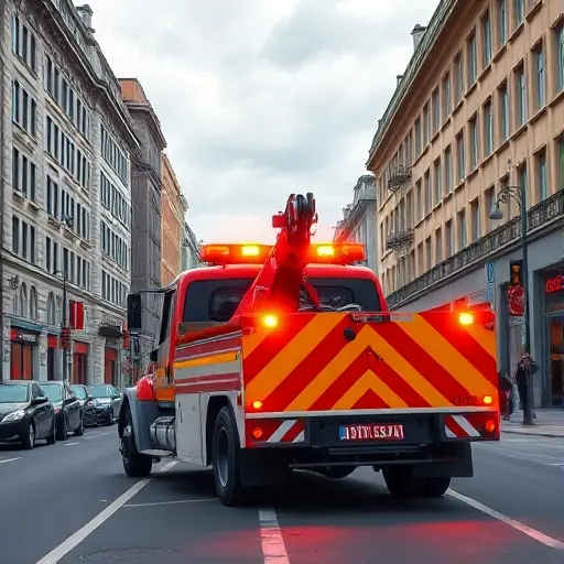 A realistic illustration of a tow truck (evacuator) parked on the bustling 1st Oktyabrskaya Street, with typical urban buildings, street lamps, and a clear view of the vehicle's hook and lights under a slightly overcast sky