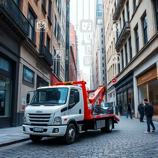 A realistic depiction of a modern tow truck parked on a narrow cobblestone alley in a bustling city, with subtle digital overlays of online service icons floating above the scene, no text or lettering, no explicit content