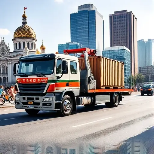 Грузовой эвакуатор Москва: Полное руководство по стоимости и услугам A powerful cargo tow truck with a large flatbed and winch, positioned on a busy Moscow street with recognizable city architecture such as the Kremlin dome and modern high-rises in the background. The scene shows the truck loading a large container or pallet, emphasizing the heavy-duty nature of the service. The lighting is bright daylight, and the composition highlights the vehicle and the urban environment without any text or signage.