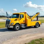 A bright yellow tow truck parked on a gravel road in front of a military airfield in Kubinka, Russia. The background shows a runway with a small fighter jet parked nearby, its wings slightly open. The sky is clear with a few fluffy clouds. The scene is rendered in a realistic, high-resolution style, with detailed textures on the truck and aircraft, and subtle reflections on the truck’s chrome parts.