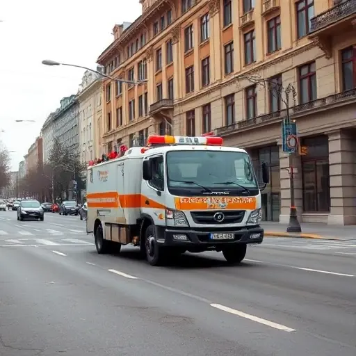 Эвакуатор на 7-й Кожуховской улице: Полное руководство A realistic city street scene showing a tow truck (evacuator) parked on a typical Moscow street named 7th Kozhukhovskaya, with surrounding urban buildings, street lamps, and a road surface, captured from a slightly elevated perspective to highlight the vehicle and the street environment, without any visible text, signage, or logos