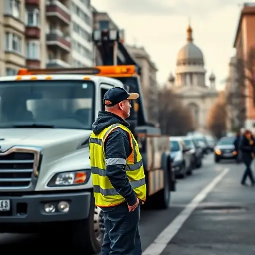 работа водителем эвакуатора в москве A realistic daytime scene of a tow truck driver in Moscow, wearing a reflective safety vest and cap, standing beside a modern tow truck with a hydraulic crane, the vehicle parked on a busy city street lined with typical Moscow apartment buildings and a glimpse of the Kremlin dome in the background. The driver is looking at the truck, ready to assist, with traffic and pedestrians blurred to emphasize the focus on the driver and the tow truck. No text, signs, or logos are visible.