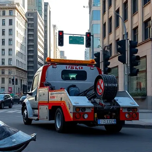A realistic tow truck parked on Argunovskaya Street in an urban setting, with nearby city buildings, traffic lights, and a partially towed car on the curb. The scene should capture the street's architecture and the tow truck's details, such as its reflective panels and a visible tow hook. The lighting is natural daylight, with subtle shadows and a clear sky. No people, no animals, no text or lettering on the image.