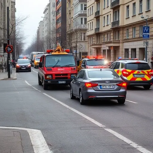 A city street scene on Avangardnaya Street with a tow truck pulling a illegally parked car, city service vehicles nearby, urban buildings and sidewalks, realistic lighting, no text or signage