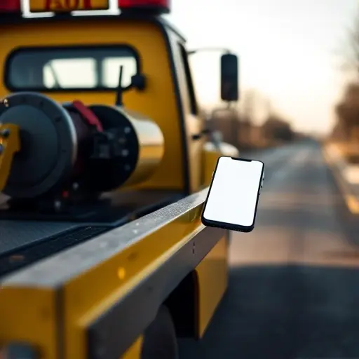 телефон эвакуатора машины A tow truck parked on a roadside with a modern smartphone resting on its dashboard, the phone screen glowing softly. The truck is a classic yellow and black tow vehicle with a visible winch and a large, sturdy hook. The background shows a quiet suburban street with subtle trees and a faint horizon, creating a calm, realistic setting. The lighting is natural daylight, casting gentle shadows. The composition focuses on the truck and phone, with a slight depth of field to keep the phone in sharp focus while the background is softly blurred.