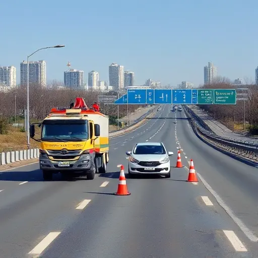 A tow truck evacuating a broken-down car on the MKAD ring road near the Pyatnitsky highway, with traffic cones and road barriers, realistic cityscape background and clear sky, no text or signage