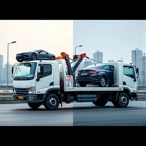 A tow truck in a city setting, showing two scenarios side by side: one side with a partially loaded vehicle on the platform, the other side with a fully loaded vehicle. The tow truck should be modern, with a clear platform and a visible winch. The background should be a subtle cityscape hinting at Moscow or Ryazan, but no text or signage.