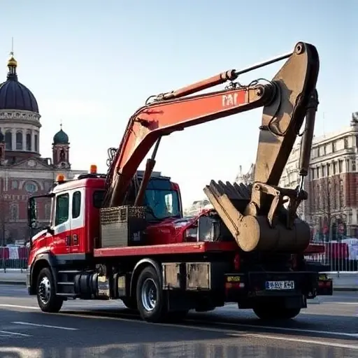 A realistic scene of a robust, heavy-duty tow truck (evacuator) operating in Moscow, with recognizable city elements such as the Kremlin dome and Moscow streets in the background. The truck is lifting or towing a large piece of specialized machinery, like a construction excavator, showcasing the evacuation of special equipment. The atmosphere is clear daytime with subtle shadows, emphasizing the power and precision of the service.