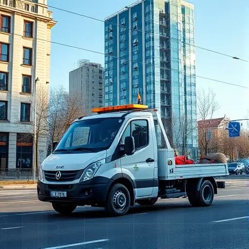 A realistic scene of a compact tow truck parked on a Moscow street in the South-Eastern Administrative Okrug, with nearby city buildings and a subtle overlay of a digital map grid indicating the vehicle's location, under clear daylight. The focus is on the tow truck and the urban environment, with no visible text or signage.