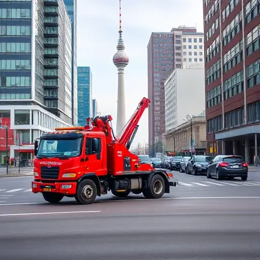 A bright red tow truck parked on a busy street in the Ostankino district, with the iconic Ostankino Tower visible in the background, modern city buildings, clear sky, no people, no text or signage, no cars in motion, no digital overlays