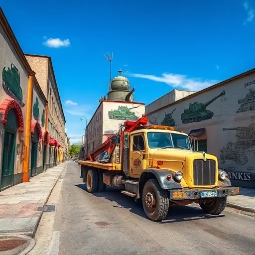 A tow truck parked on the Alley of Tankists, a narrow street lined with buildings decorated with tank motifs, with a backdrop of a war museum and a clear blue sky.