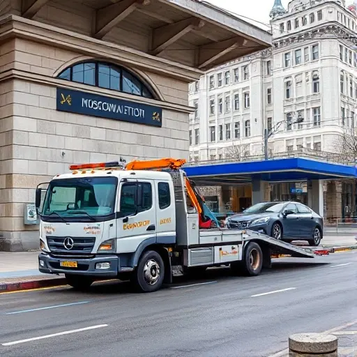 A realistic depiction of a tow truck parked near a Moscow metro station, with a car being towed, showing the station's architecture and surrounding urban environment, without any text, letters, or digits in the image